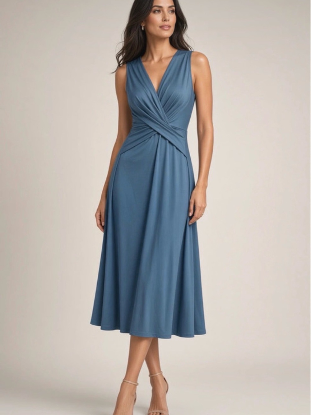 Sleeveless Twist-Waist Midi Dress in Slate Blue